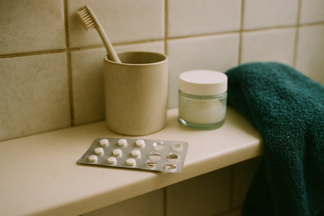 Birth control blister pack with several empty pockets on a bathroom shelf