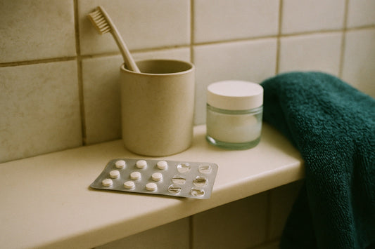 Birth control blister pack with several empty pockets on a bathroom shelf