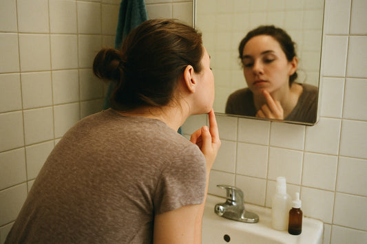 Woman leaning toward a bathroom mirror to look at a breakout on her chin