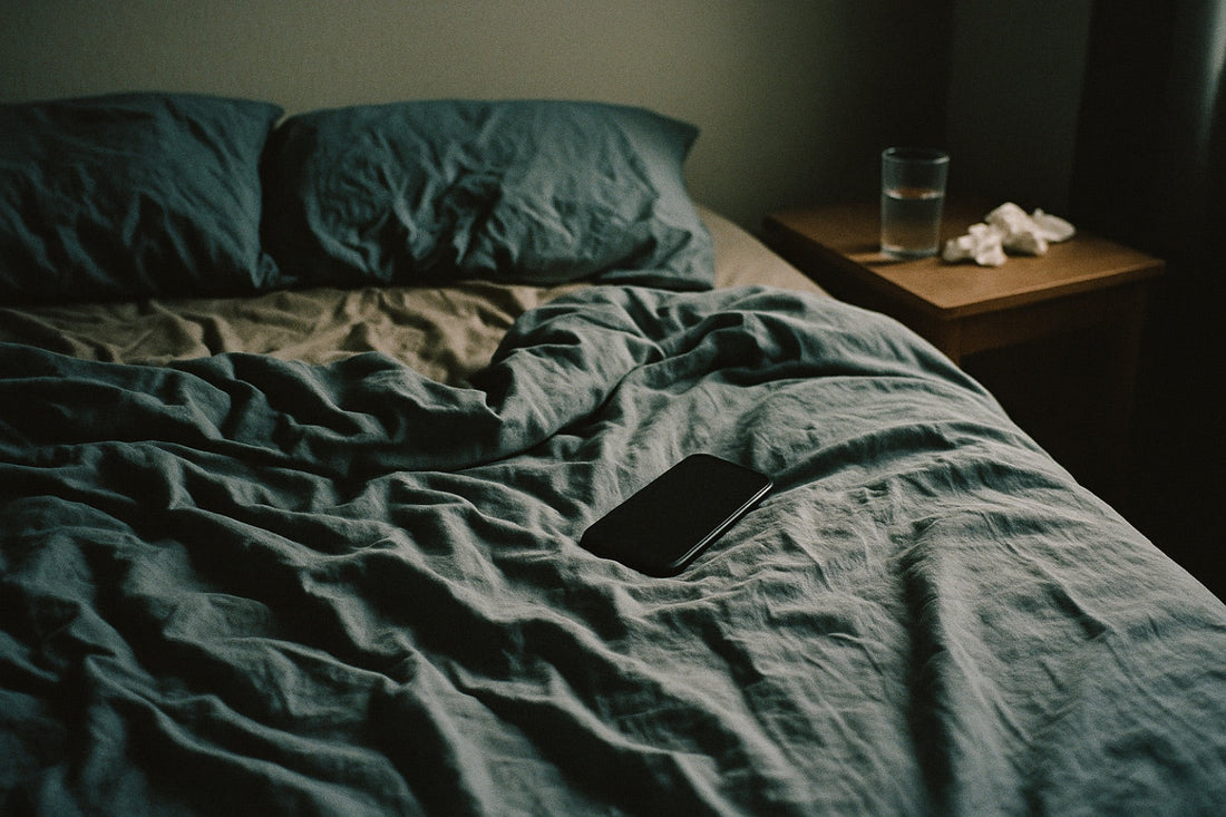 Unmade bed in dim morning light with a phone and a glass of water after a restless night