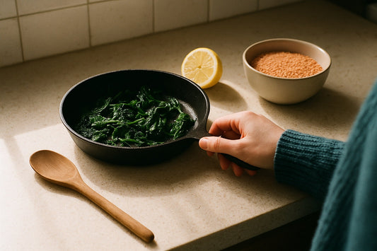 Cast-iron pan of sauteed spinach next to a bowl of red lentils and a lemon on a kitchen counter