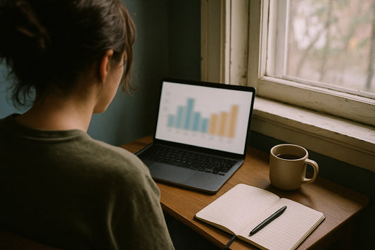 Woman at a desk by the window looking at a chart on her laptop, seen from behind