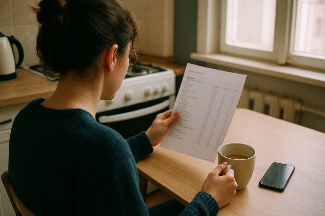 Woman at her kitchen table reading printed blood test results, seen from behind