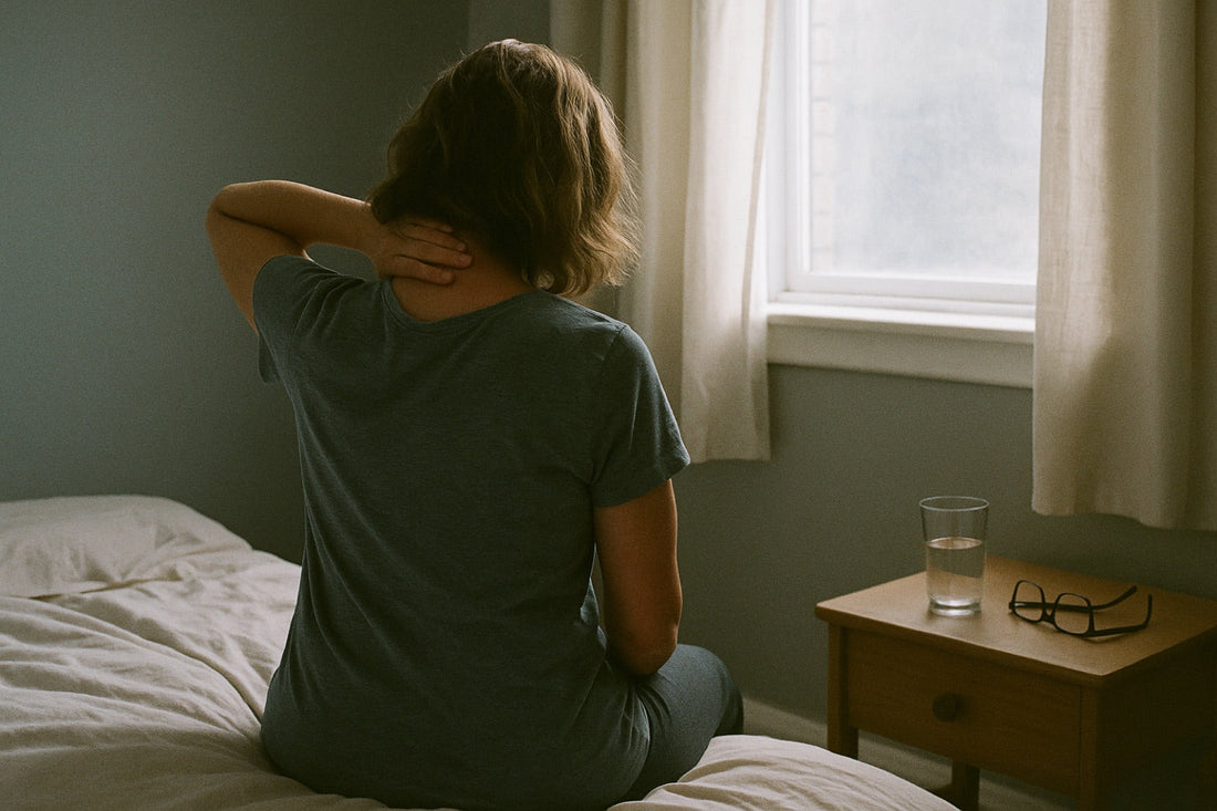 Woman in her forties sitting on the edge of her bed in the early morning, seen from behind