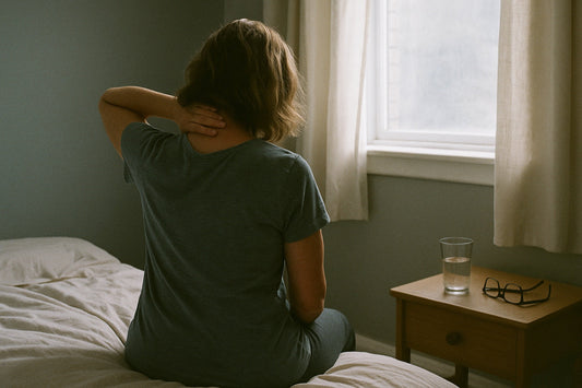 Woman in her forties sitting on the edge of her bed in the early morning, seen from behind