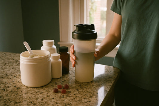Protein shaker, protein powder and supplement bottles on a kitchen counter