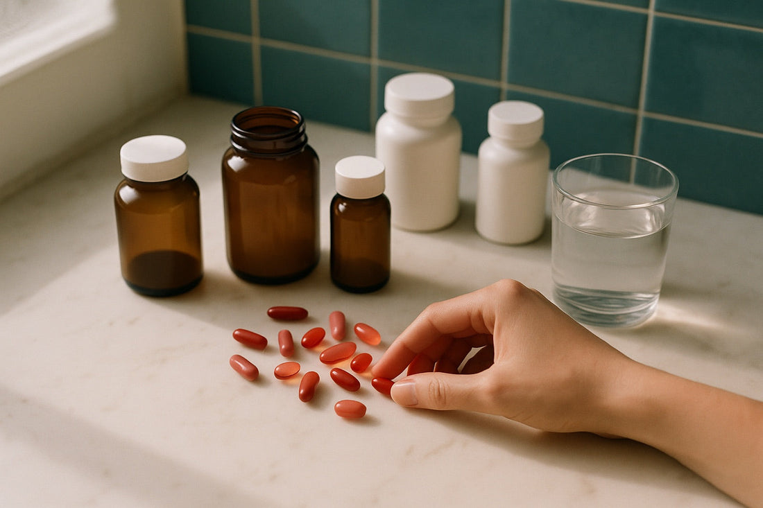 Supplement bottles and red capsules on a bathroom counter with a hand reaching for one